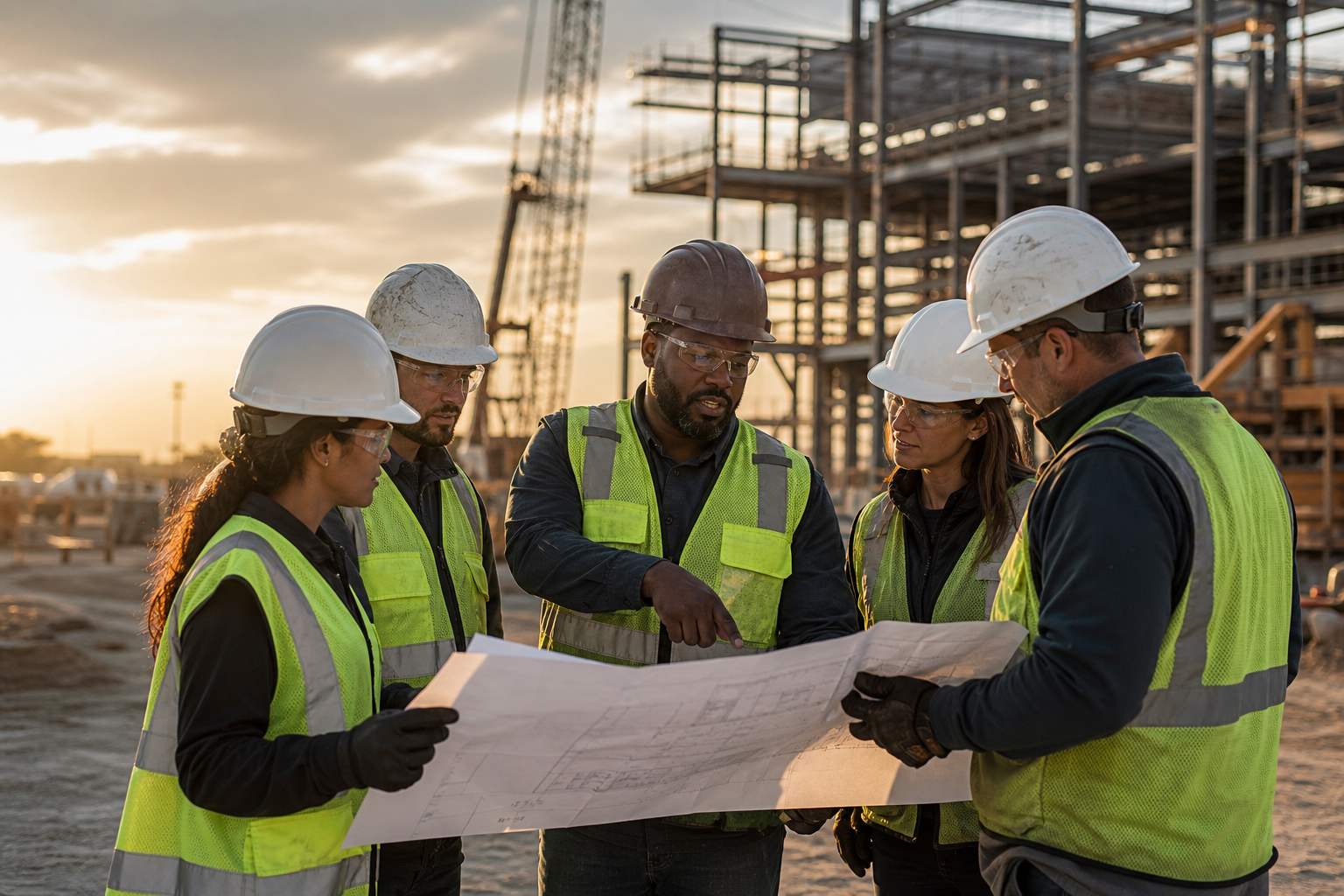 Texas construction crew reviewing blueprints on a commercial job site — general liability insurance from 4J Insurance Agency