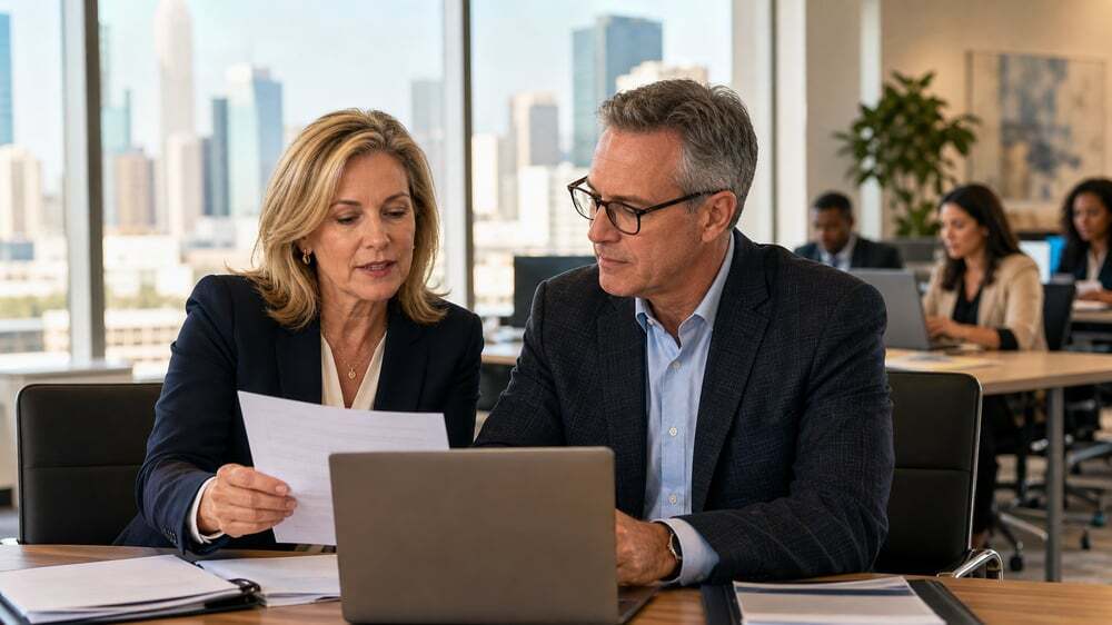 HR director and CFO reviewing employee health benefits renewal costs in a Texas office — 4J Insurance Agency